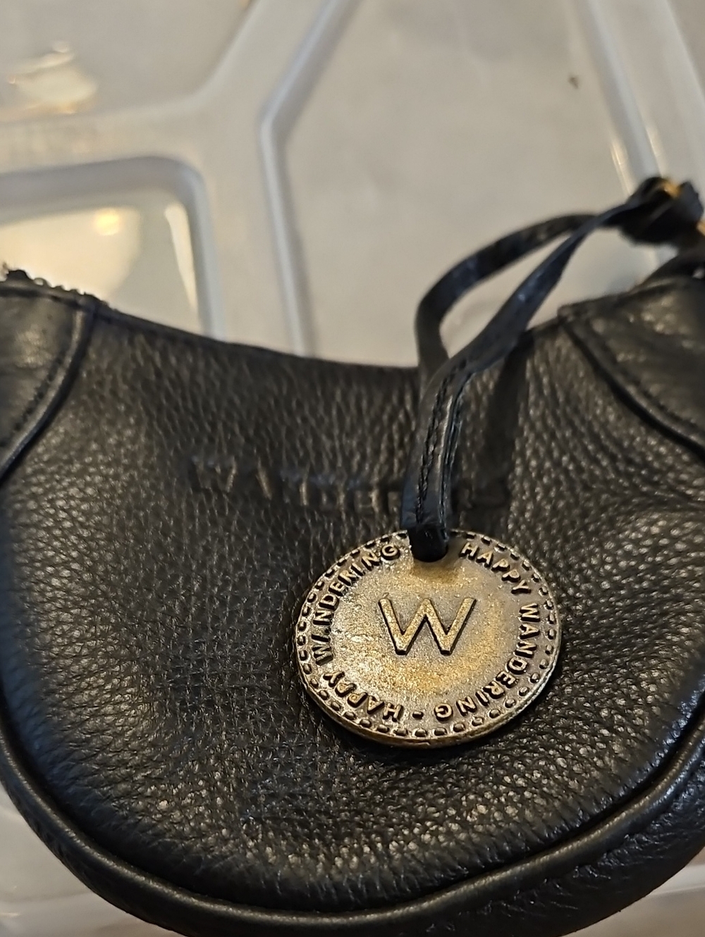 Black Pebbled Leather Mini Crossbody with Gold Medallion Wandererd